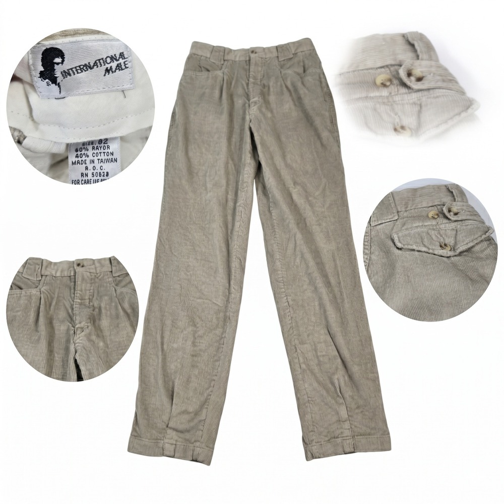 Vintage International Male Corduroy Pants 32‎ Pleated Rayon Beige Made in Taiwan